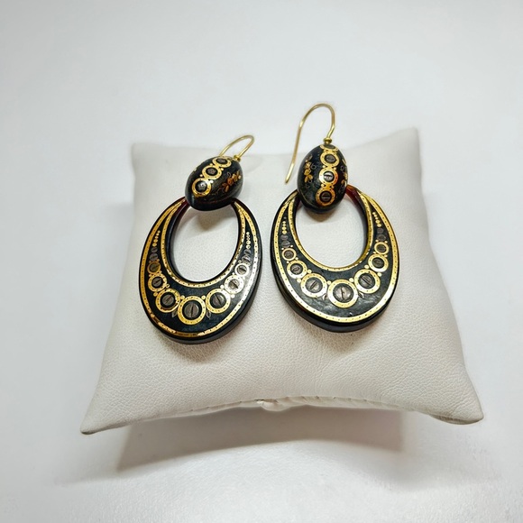 Pique Antique Victorian Dangle 14 Kt Gold‎ and Silver Inlay Earrings - Picture 1 of 3